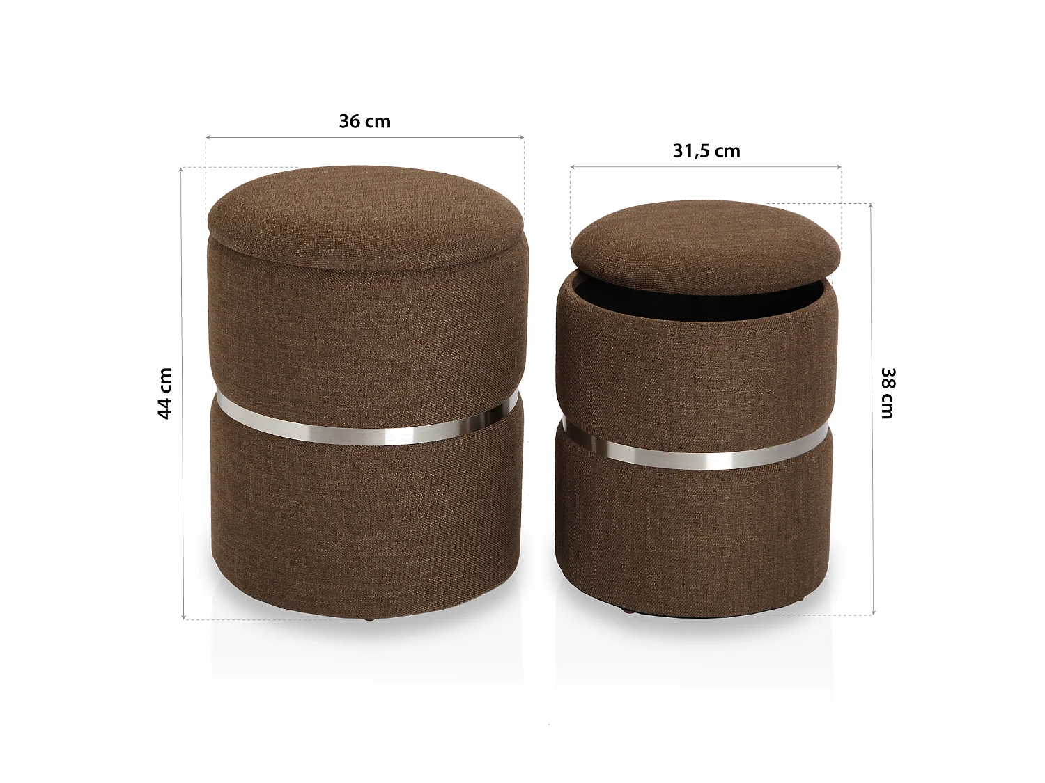 Tabouret pouf Gloria, 44 x 36 x 36 cm, Linge et métal, Marron