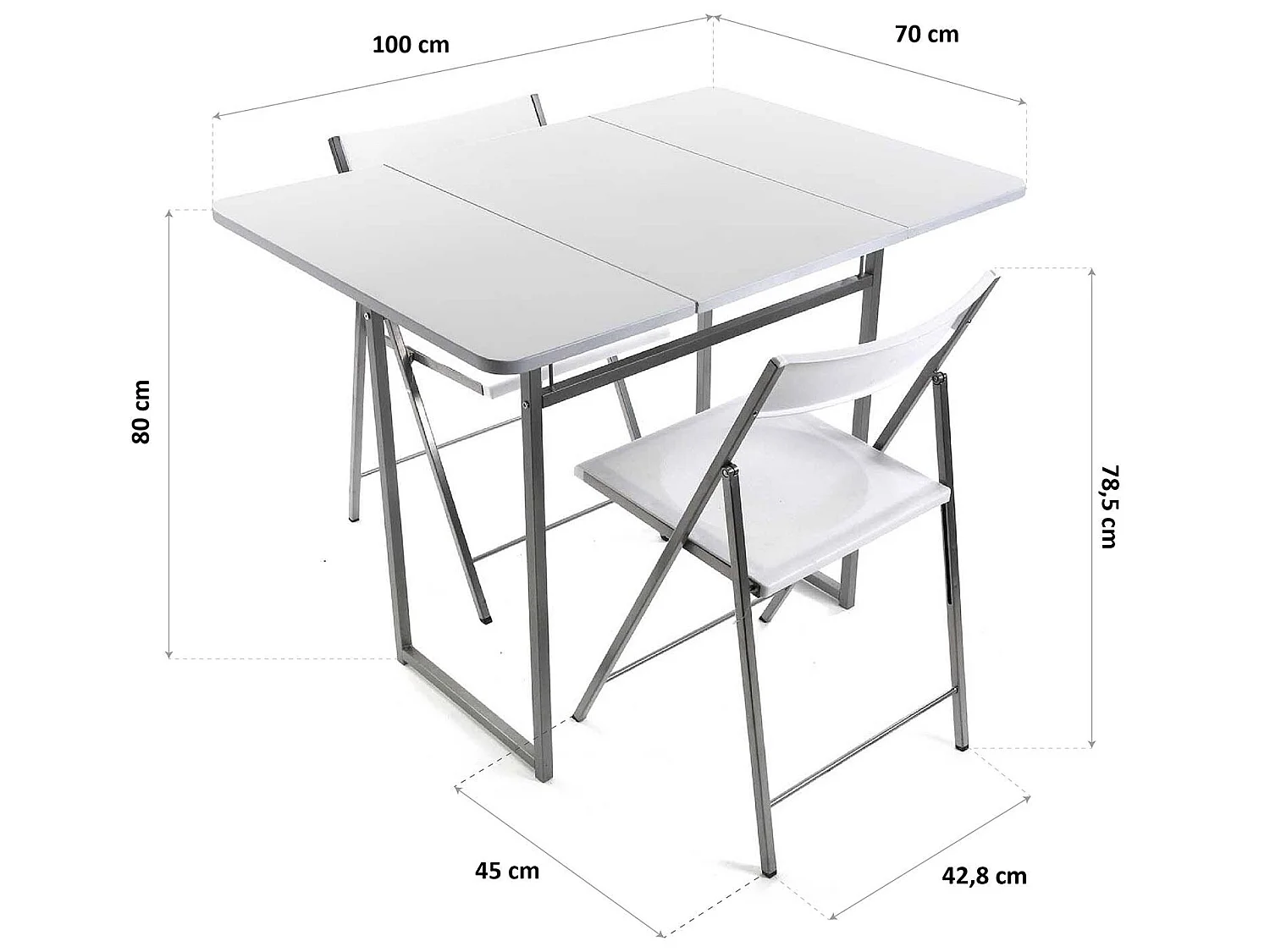 Set de table et deux chaises Andrea, 80 x 70 x 100 cm, Métal et PVC, Blanc