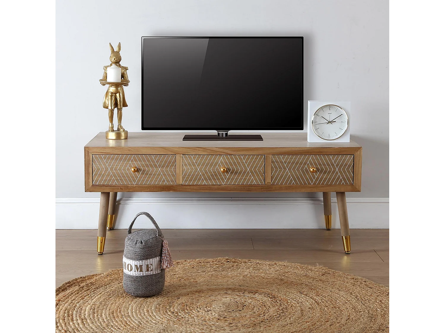 Meuble TV bas et long Kamaira, 43 x 50 x 107 cm, Bois, Marron