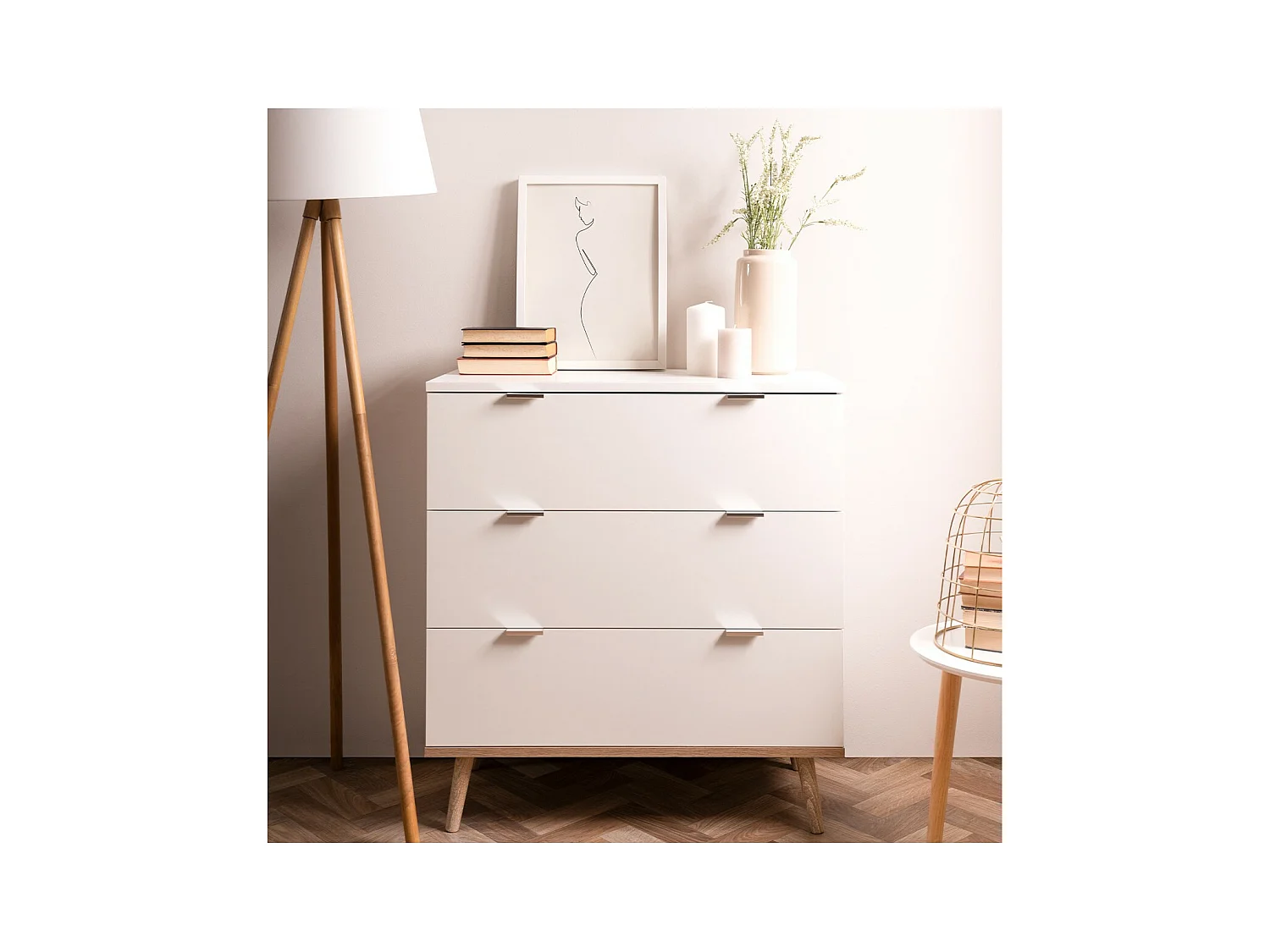 Commode Göteborg - 3 tiroirs - Décor chene sonoma Blanc - Scandinave - L 79,8 x P 40 x H 86,5 cm