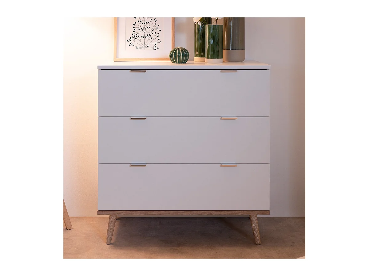Commode Göteborg - 3 tiroirs - Décor chene sonoma Blanc - Scandinave - L 79,8 x P 40 x H 86,5 cm