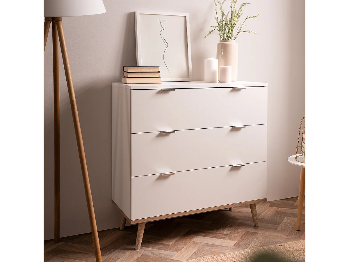 Commode Göteborg - 3 tiroirs - Décor chene sonoma Blanc - Scandinave - L 79,8 x P 40 x H 86,5 cm