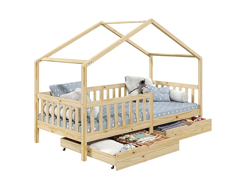 Lit cabane ELEA lit enfant simple montessori 90 x 190 cm, avec 2 tiroirs de rangement, en pin massif à la finition naturelle