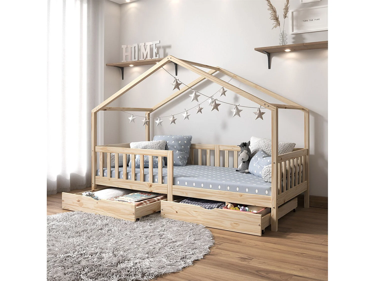 Lit cabane ELEA lit enfant simple montessori 90 x 190 cm, avec 2 tiroirs de rangement, en pin massif à la finition naturelle