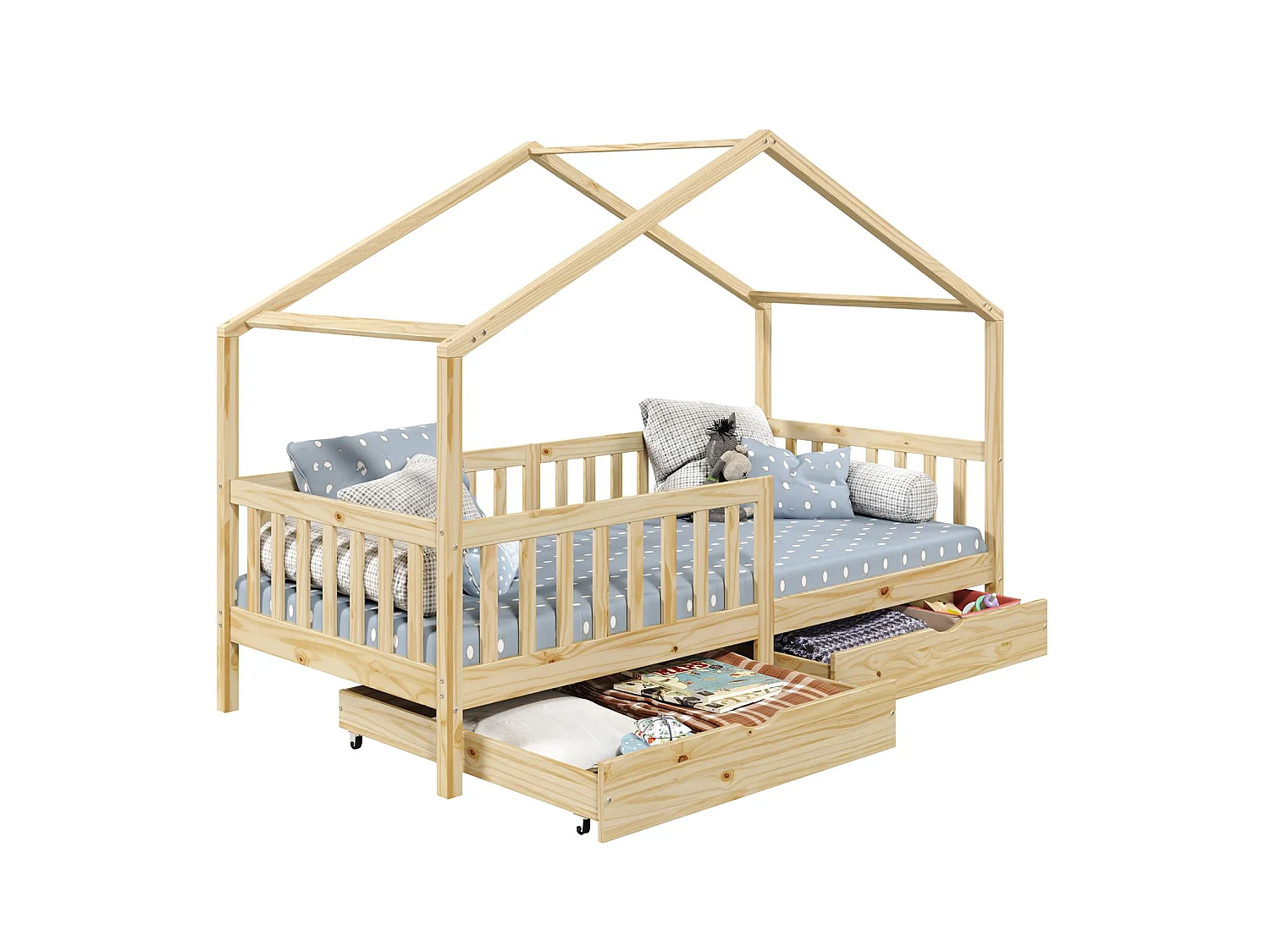 Lit cabane ELEA lit enfant simple montessori 90 x 190 cm, avec 2 tiroirs de rangement, en pin massif à la finition naturelle