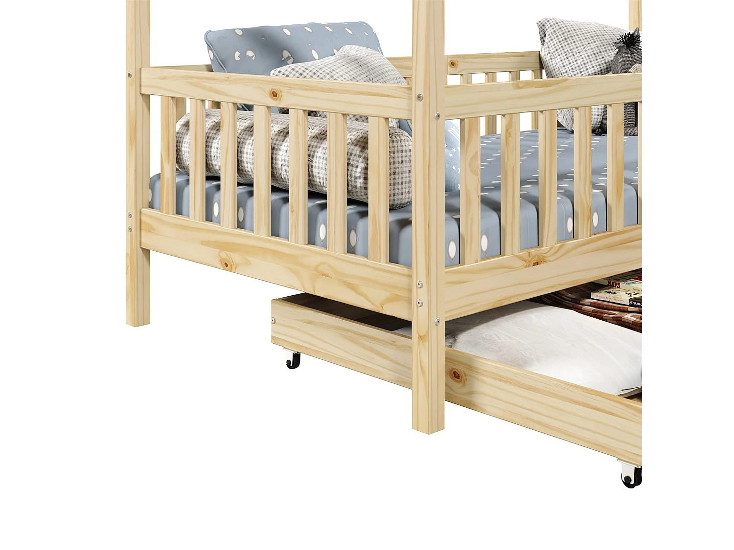 Lit cabane ELEA lit enfant simple montessori 90 x 190 cm, avec 2 tiroirs de rangement, en pin massif à la finition naturelle