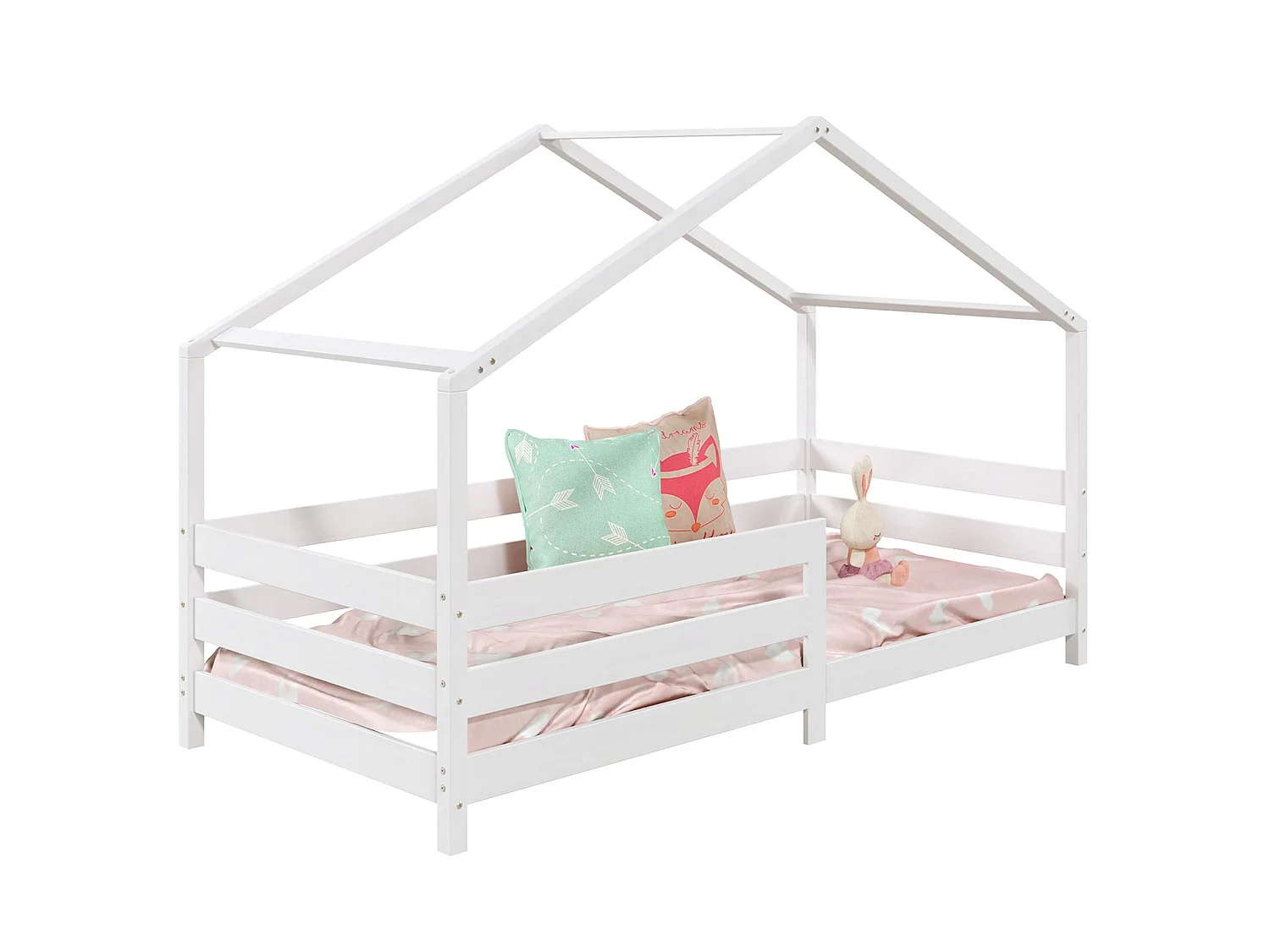 Lit cabane RENA lit simple montessori pour enfant 90 x 190 cm, avec barrières de protection, en pin massif lasuré blanc