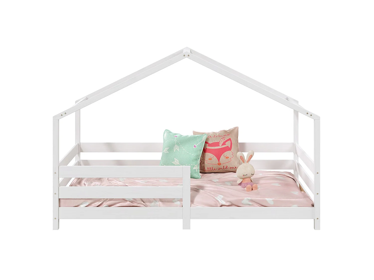 Lit cabane RENA lit simple montessori pour enfant 90 x 190 cm, avec barrières de protection, en pin massif lasuré blanc