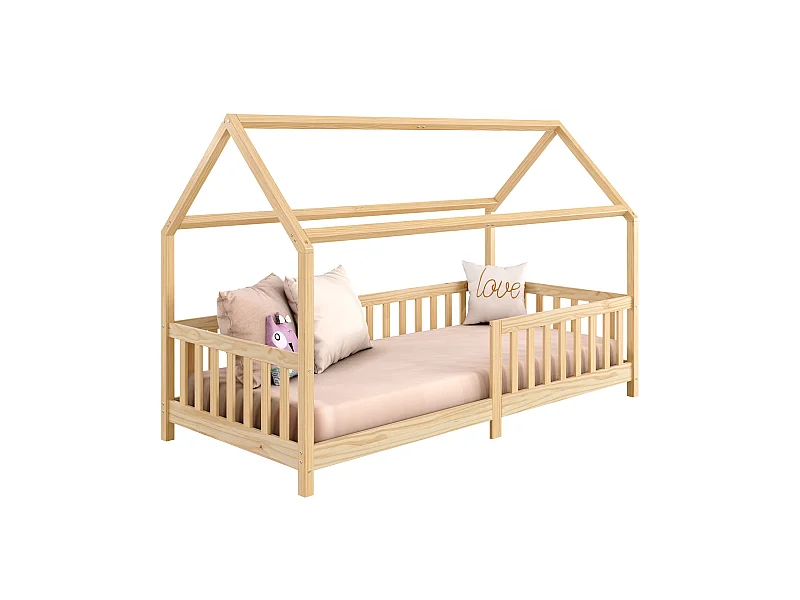 Lit cabane NINA lit enfant simple montessori en bois 90 x 190 cm, en pin massif à la finition naturelle