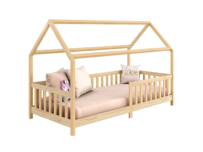 Lit cabane NINA lit enfant simple montessori en bois 90 x 190 cm, en pin massif à la finition naturelle
