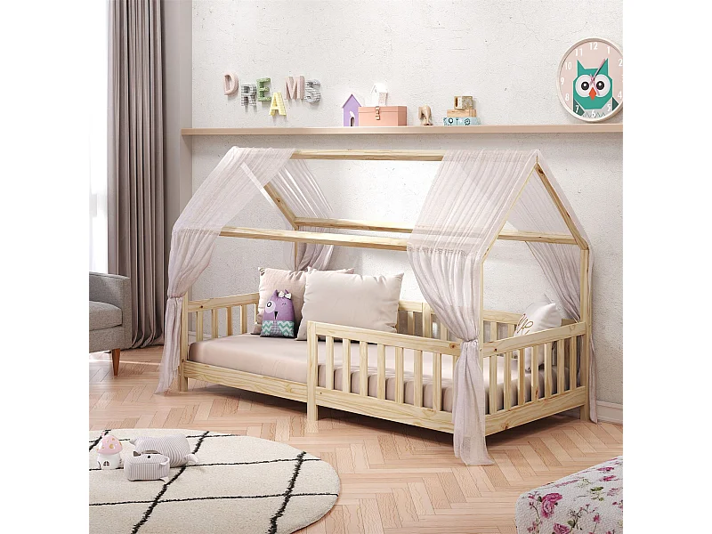 Lit cabane NINA lit enfant simple montessori en bois 90 x 190 cm, en pin massif à la finition naturelle