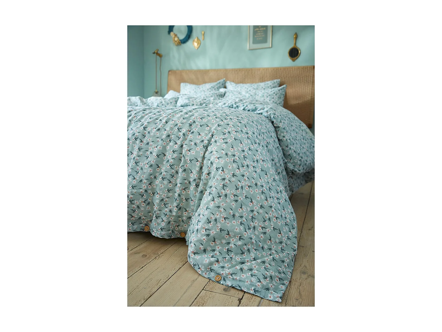 ALLISON - Housse de Couette 200x200cm Gaze de Coton Coloris Bleu Motifs Fleurs