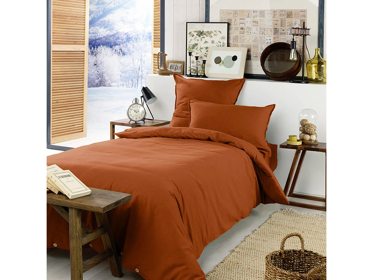 HEDDA - Housse de Couette 140x200cm Flanelle de Coton Coloris Tomette