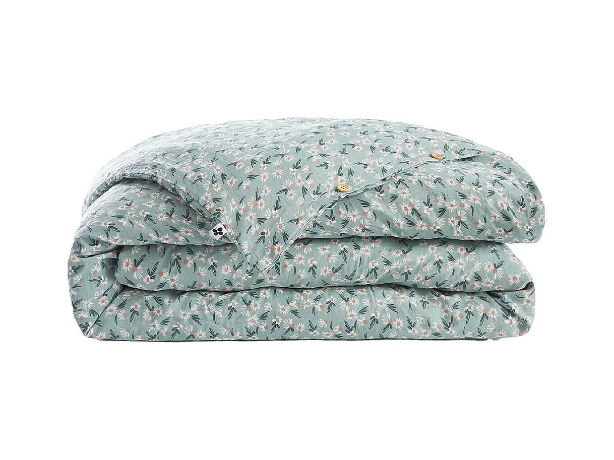 ALLISON - Housse de Couette 260x240cm Gaze de Coton Coloris Bleu Motifs Fleurs