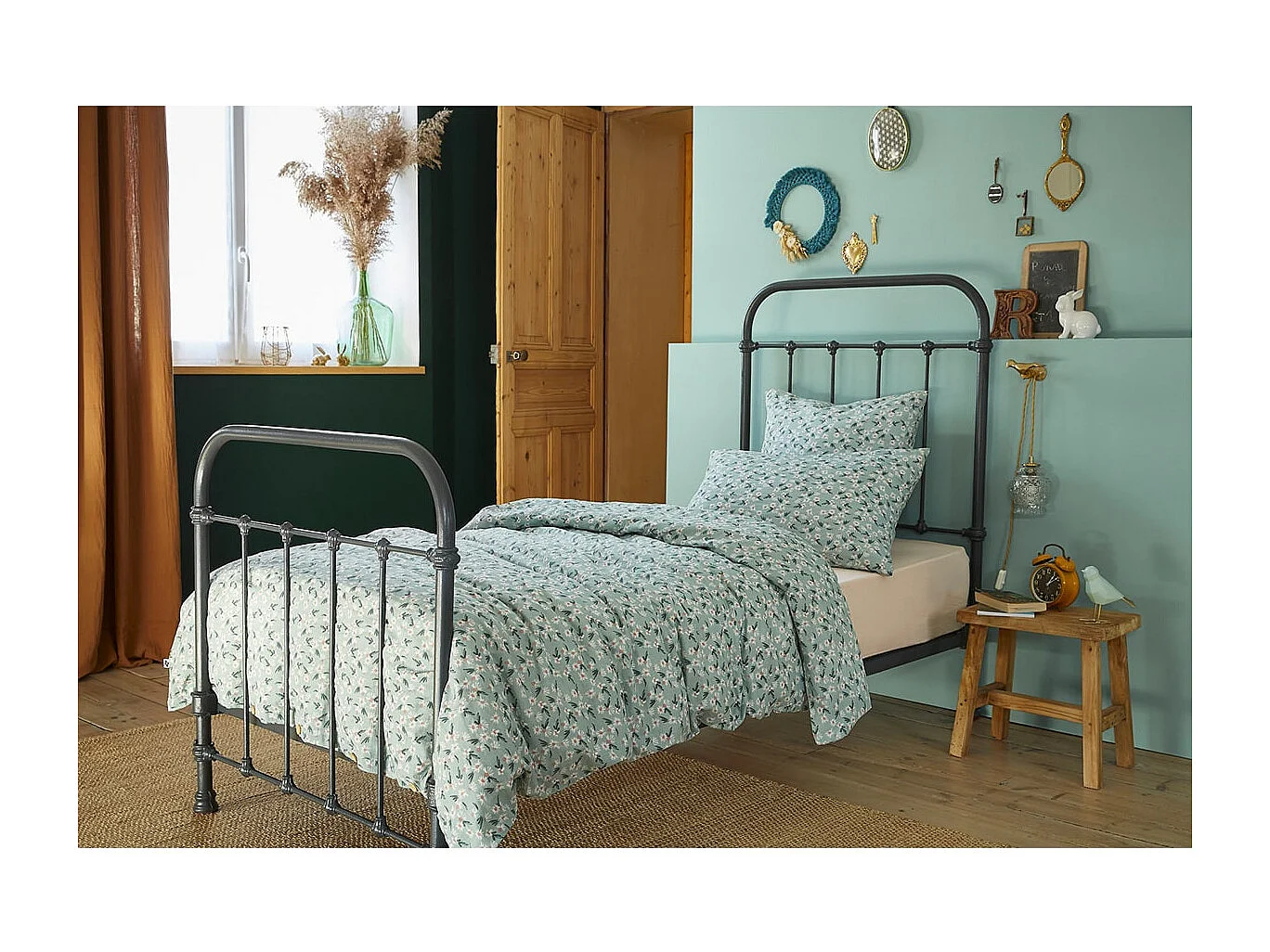 ALLISON - Housse de Couette 140x200cm Gaze de Coton Coloris Bleu Motifs Fleurs