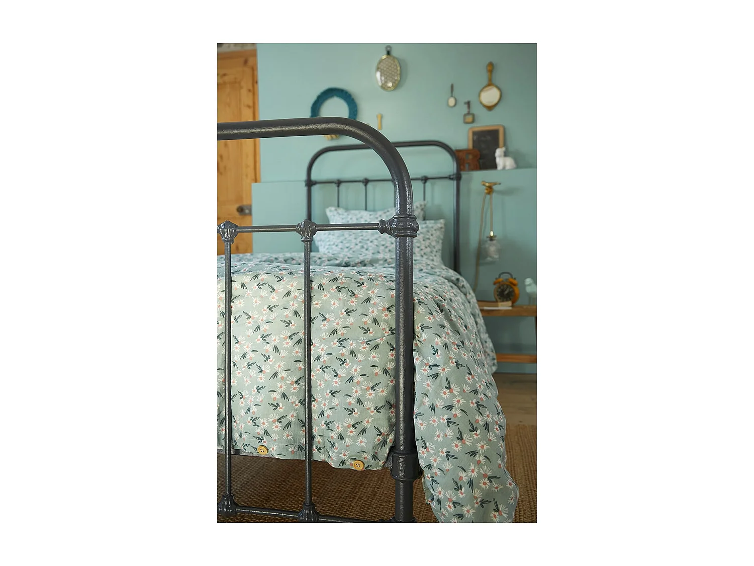 ALLISON - Housse de Couette 140x200cm Gaze de Coton Coloris Bleu Motifs Fleurs