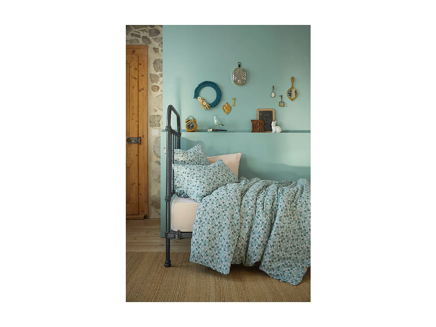 ALLISON - Housse de Couette 140x200cm Gaze de Coton Coloris Bleu Motifs Fleurs