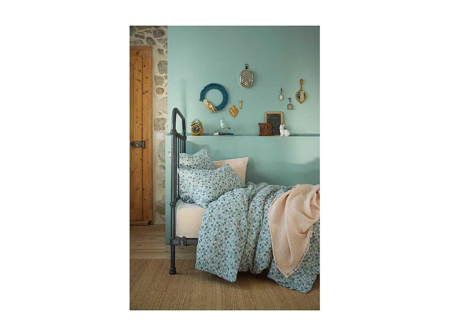 ALLISON - Housse de Couette 140x200cm Gaze de Coton Coloris Bleu Motifs Fleurs