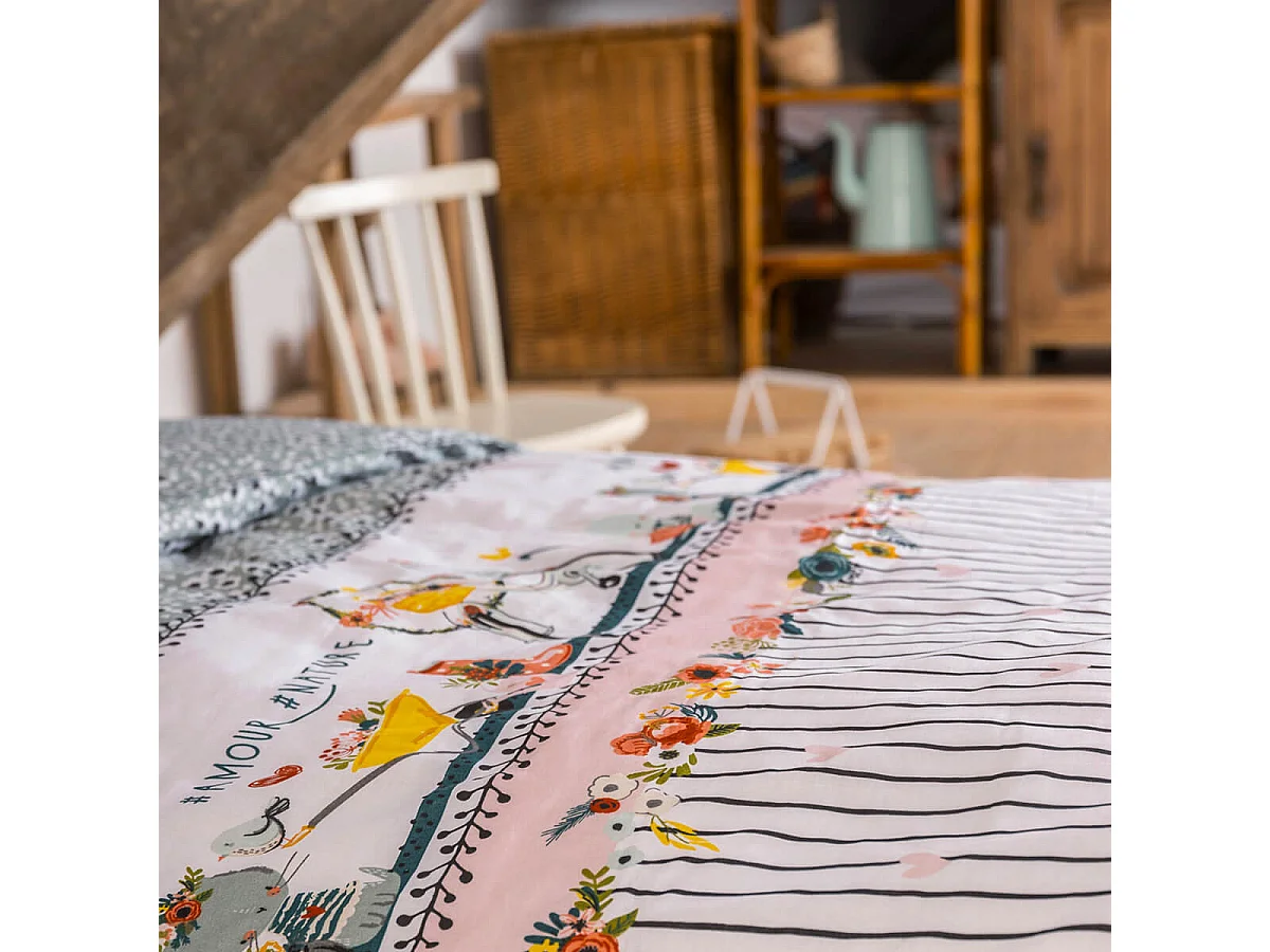 MIDEA - Parure de Lit Coton Motif Fleuri Housse de Couette 240x220cm + 2 Taies d'Oreiller