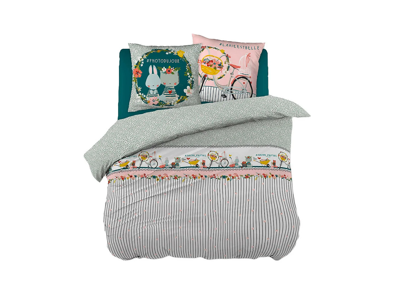 MIDEA - Parure de Lit Coton Motif Fleuri Housse de Couette 240x220cm + 2 Taies d'Oreiller