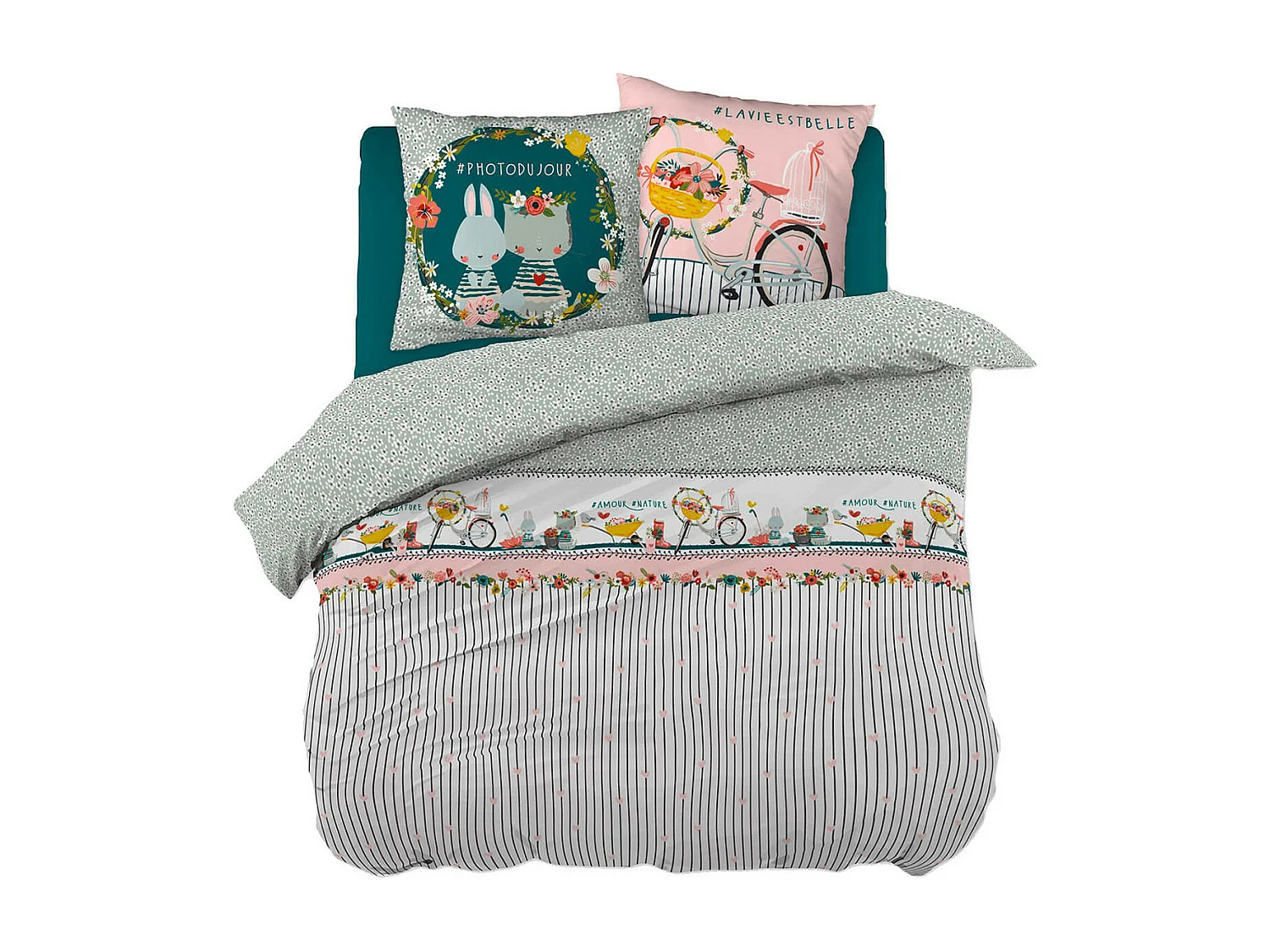 MIDEA - Parure de Lit Coton Motif Fleuri Housse de Couette 240x220cm + 2 Taies d'Oreiller