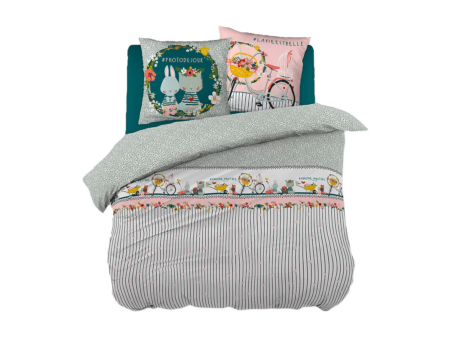 MIDEA - Parure de Lit Coton Motif Fleuri Housse de Couette 240x220cm + 2 Taies d'Oreiller