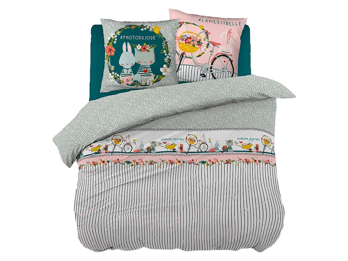 MIDEA - Parure de Lit Coton Motif Fleuri Housse de Couette 240x220cm + 2 Taies d'Oreiller