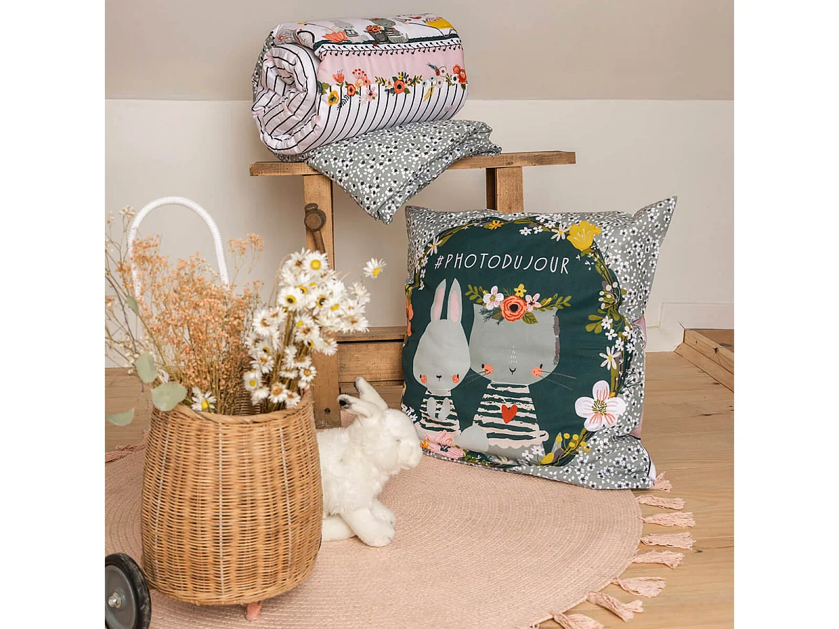 MIDEA - Parure de Lit Coton Motif Fleuri Housse de Couette 240x220cm + 2 Taies d'Oreiller