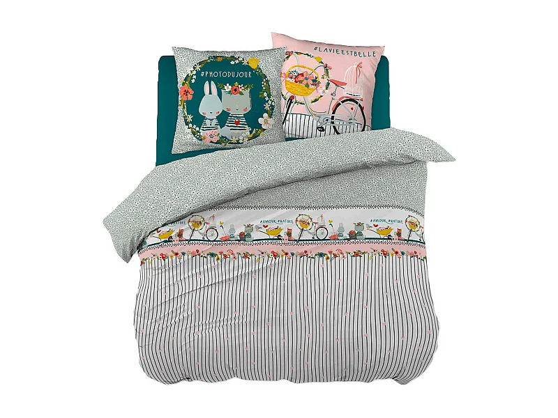 MIDEA - Parure de Lit Coton Motif Fleuri Housse de Couette 200x200cm + 2 Taies d'Oreiller