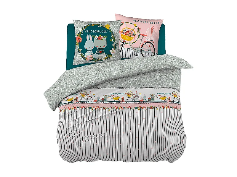 MIDEA - Parure de Lit Coton Motif Fleuri Housse de Couette 200x200cm + 2 Taies d'Oreiller