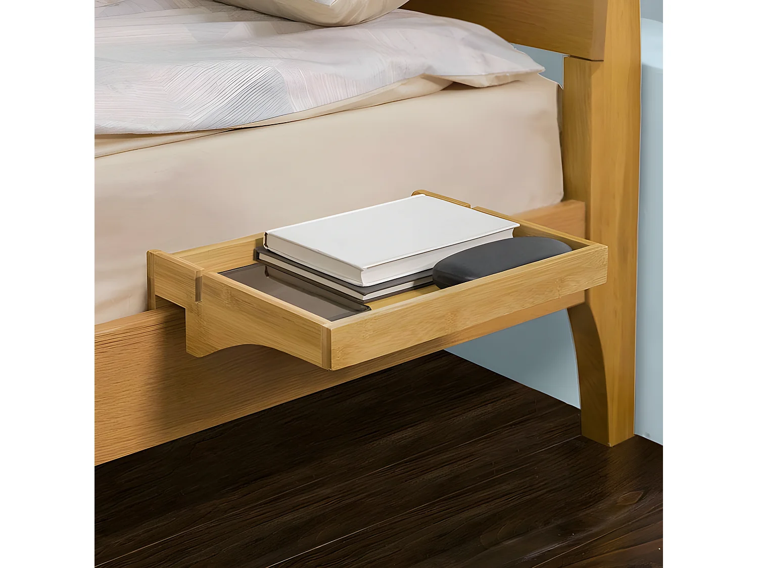 SoBuy NKD01-N Bedplank Bamboe Zwevend nachtkastje Met Kabelbeheer