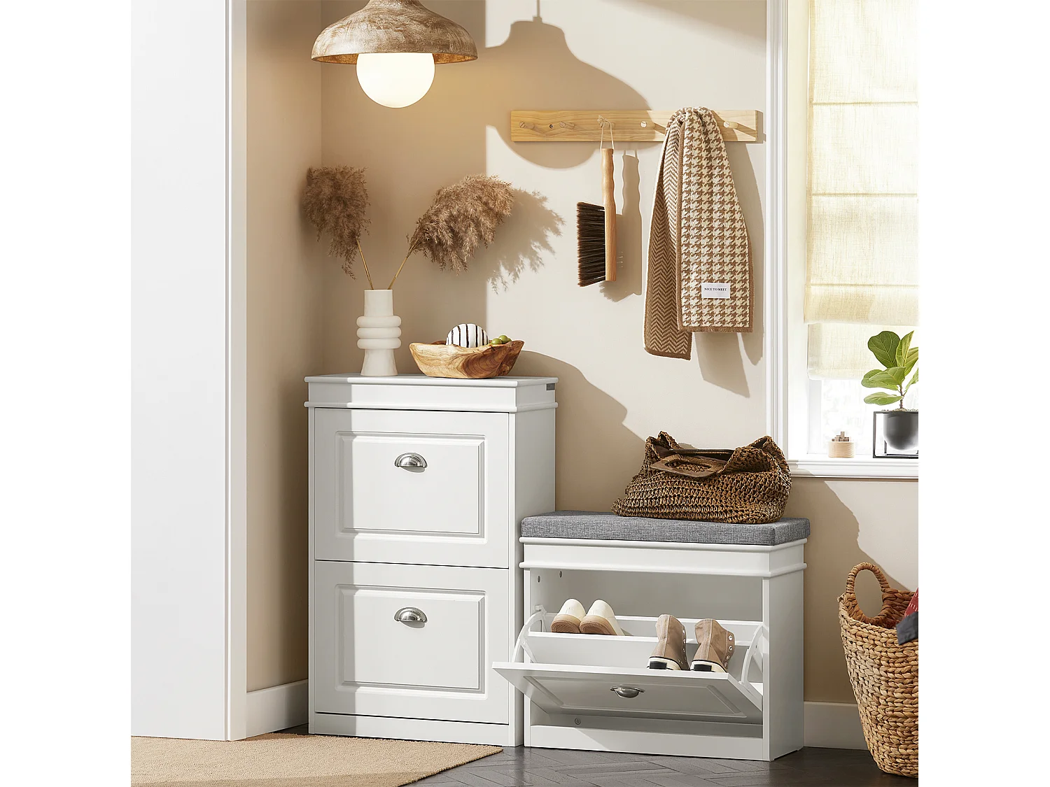 Banc à Chaussures Meuble à Chaussures avec Assise Coussin Rembourré, FSR82-K-W