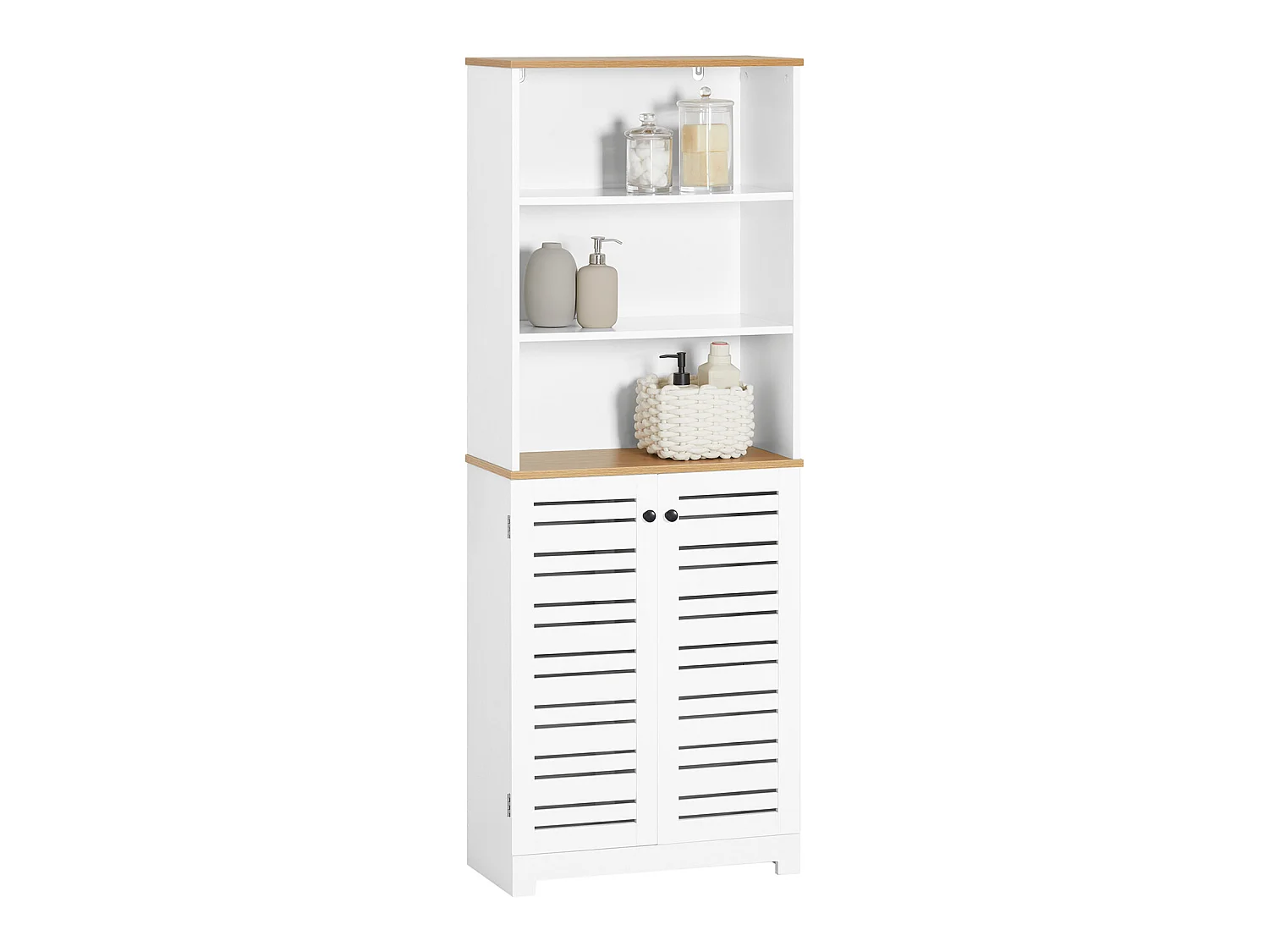 Meuble Colonne De Salle De Bain Armoire Haute Avec 3 Etagères Et 2 Portes Persiennes, BZr44-w