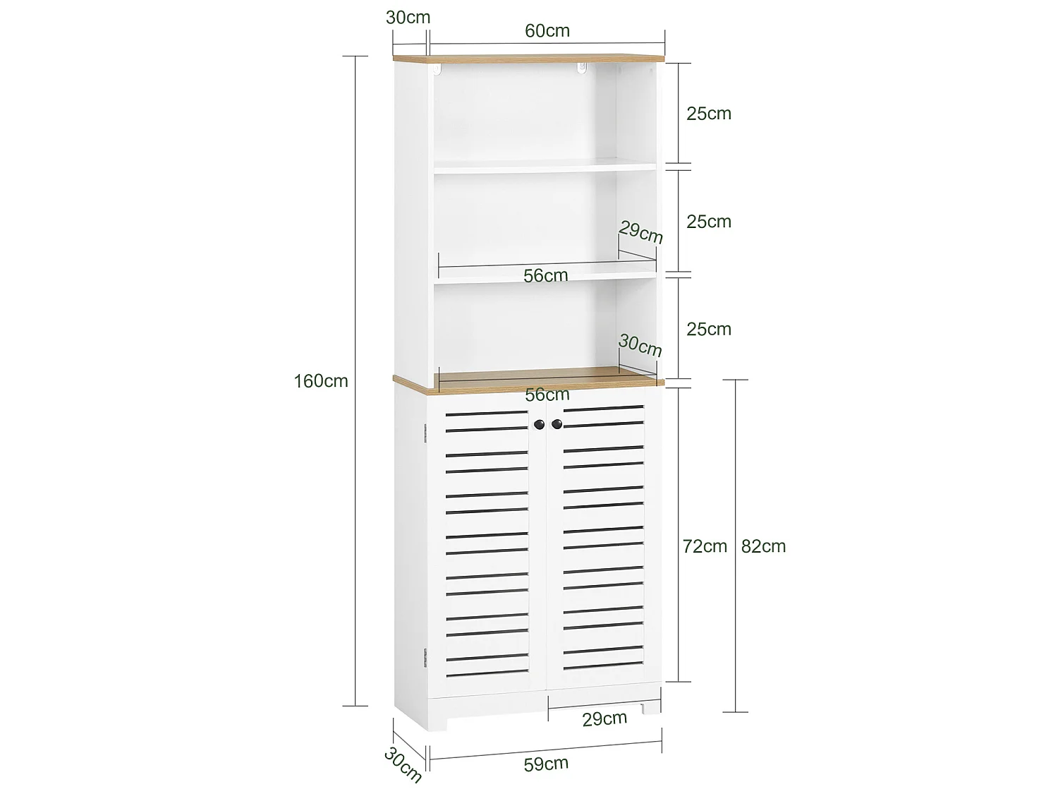 Meuble Colonne De Salle De Bain Armoire Haute Avec 3 Etagères Et 2 Portes Persiennes, BZr44-w