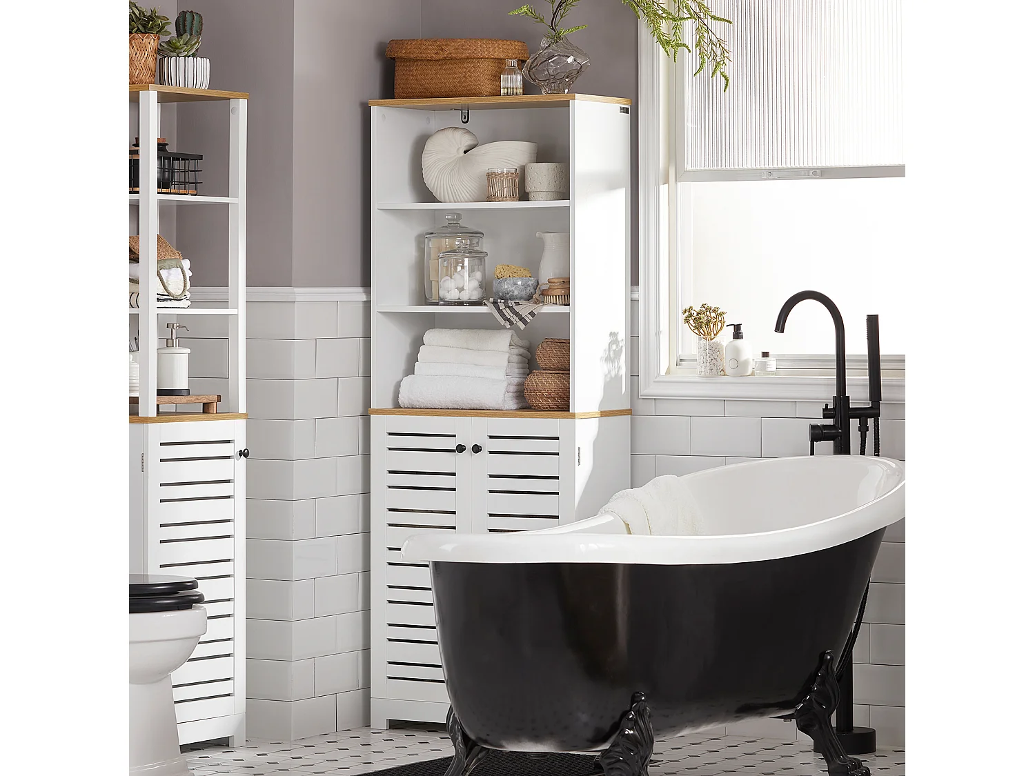 Meuble Colonne De Salle De Bain Armoire Haute Avec 3 Etagères Et 2 Portes Persiennes, BZr44-w