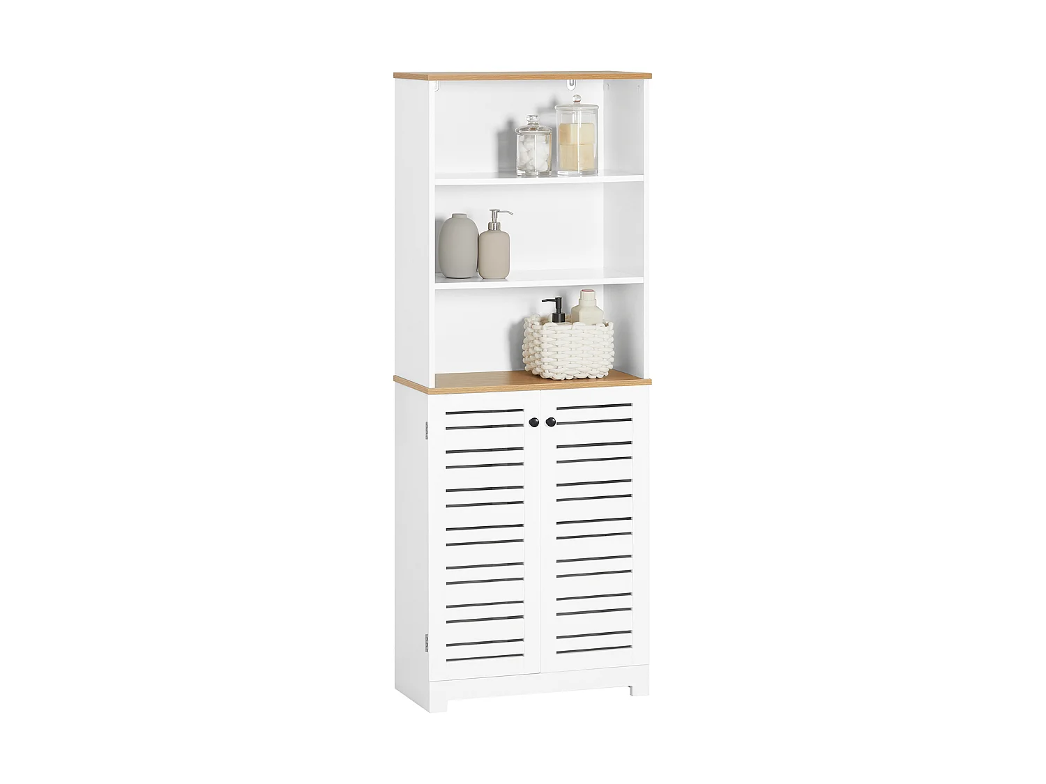 Meuble Colonne De Salle De Bain Armoire Haute Avec 3 Etagères Et 2 Portes Persiennes, BZr44-w