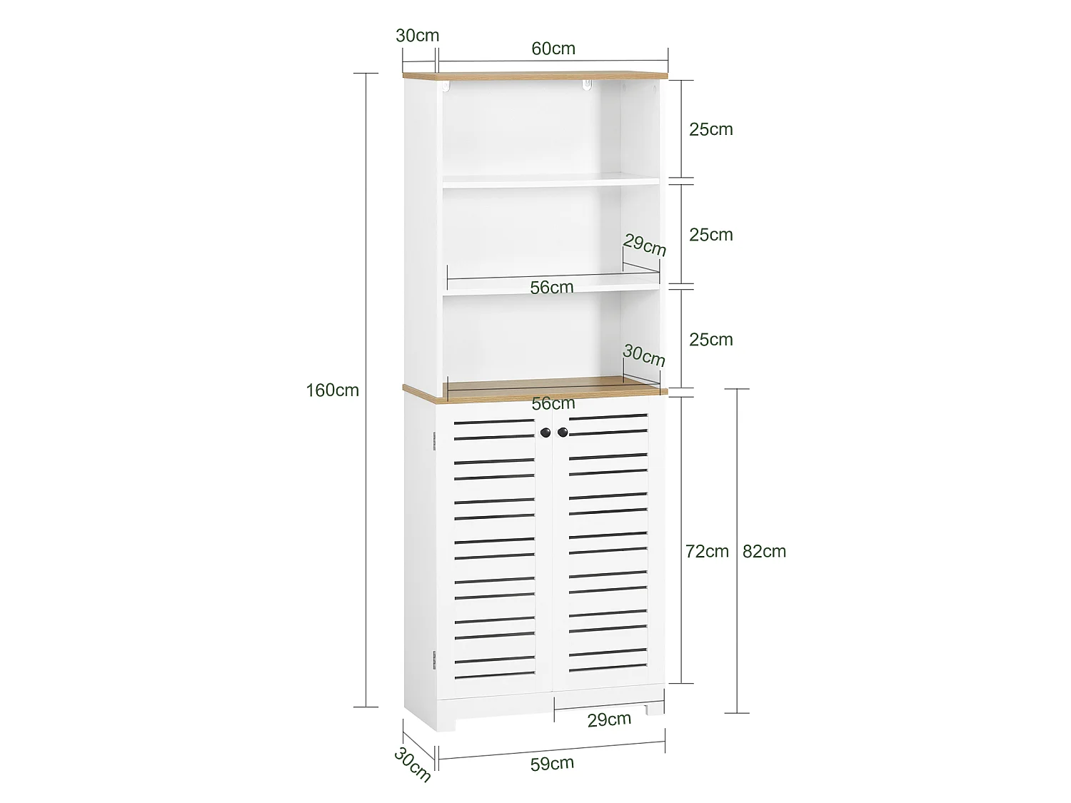 Meuble Colonne De Salle De Bain Armoire Haute Avec 3 Etagères Et 2 Portes Persiennes, BZr44-w