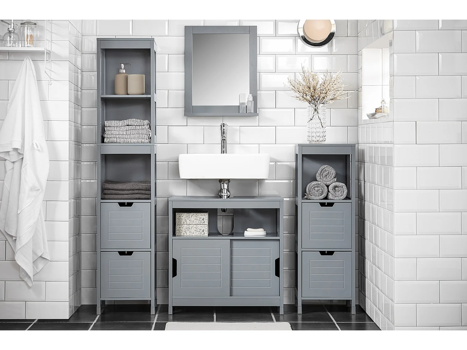 Mueble Columna de baño Armario para baño-3 estantes y 2 Cajones Gris Oscuro FRG126-SG SoBuy ES