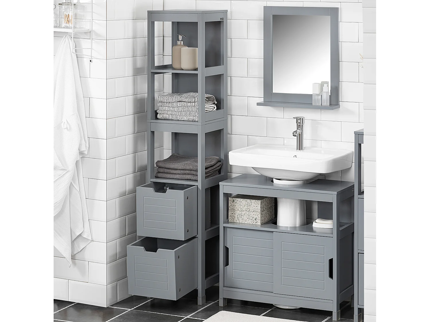 Meuble Colonne de Salle de Bain Armoire Haute – 4 étagères et 2 tiroirs, FRG126-SG