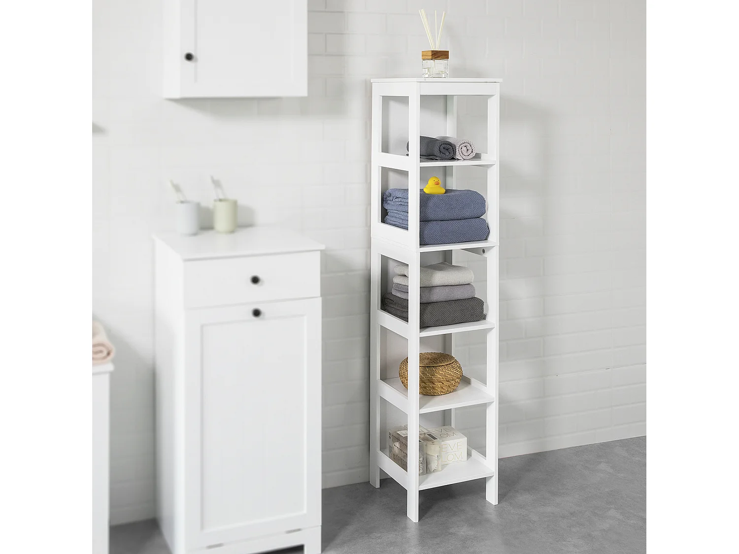 Meuble Colonne De Salle De Bain Armoire Haute Étagère De Salle De Bain Avec 6 Étagères,bzr14-w