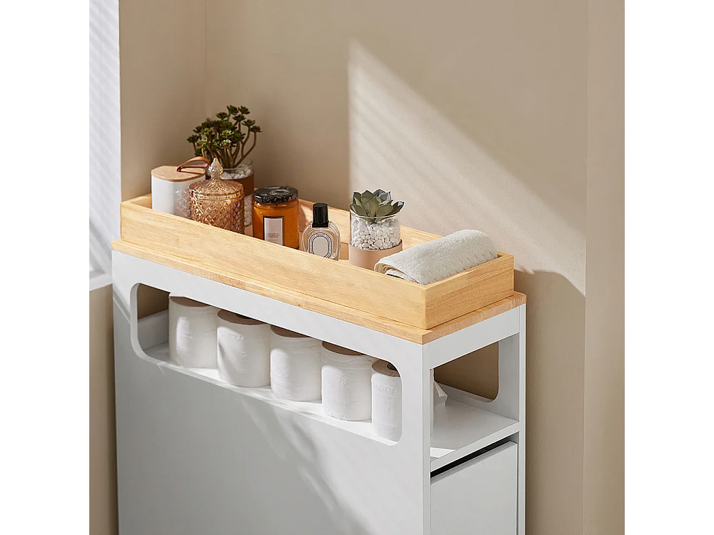 SoBuy BZR54-W Toiletrolhouder, Toiletkast, Badkamerkast, Smalle Opbergkast, Rek Smal met 1 Uitneembare Dienblad, 3 Lades en 4 wielen