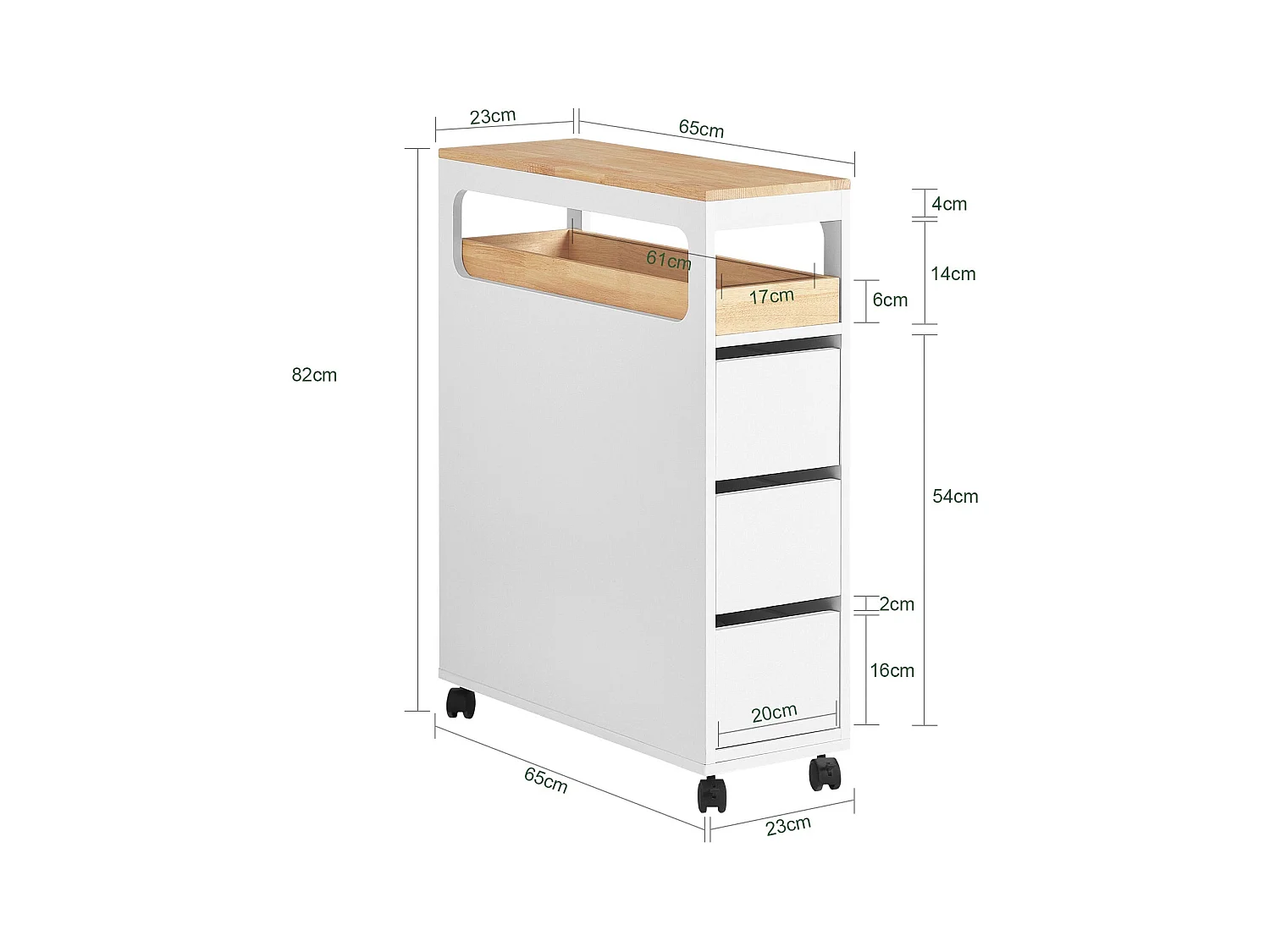 SoBuy BZR54-W Toiletrolhouder, Toiletkast, Badkamerkast, Smalle Opbergkast, Rek Smal met 1 Uitneembare Dienblad, 3 Lades en 4 wielen