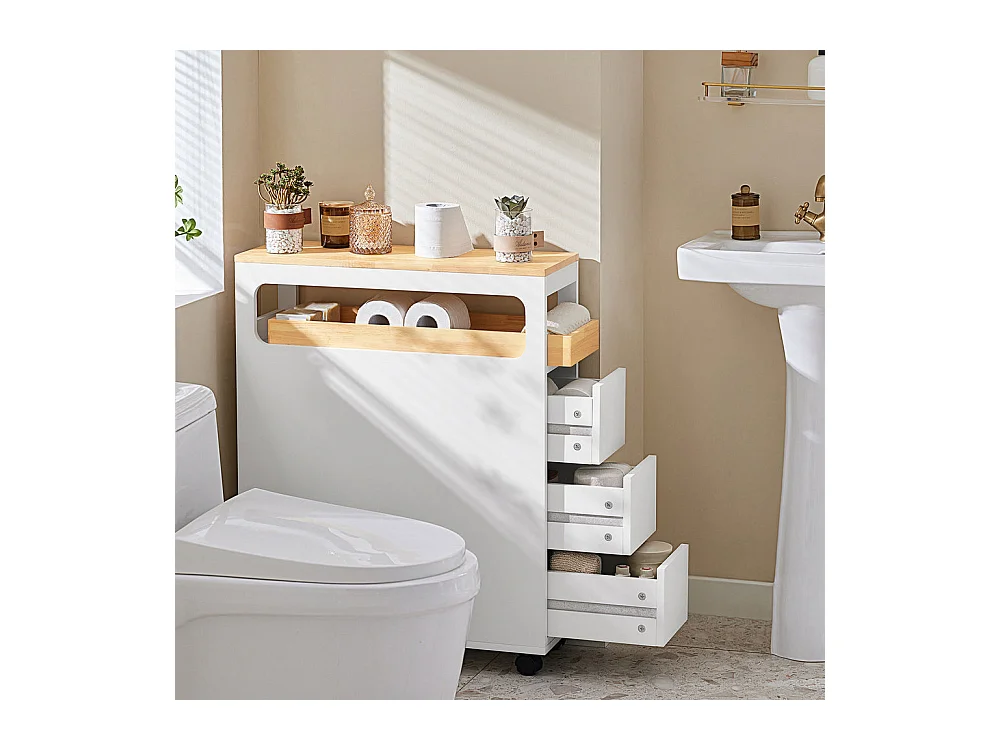 SoBuy BZR54-W Toiletrolhouder, Toiletkast, Badkamerkast, Smalle Opbergkast, Rek Smal met 1 Uitneembare Dienblad, 3 Lades en 4 wielen