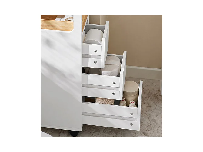SoBuy BZR54-W Toiletrolhouder, Toiletkast, Badkamerkast, Smalle Opbergkast, Rek Smal met 1 Uitneembare Dienblad, 3 Lades en 4 wielen