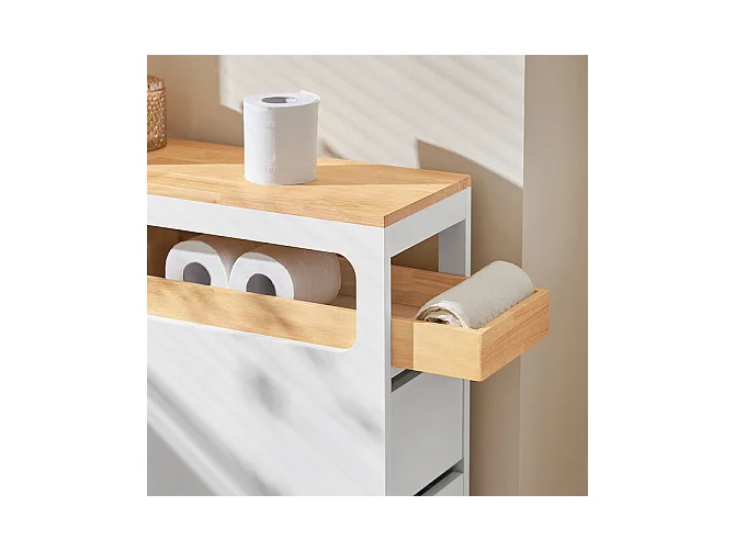 SoBuy BZR54-W Toiletrolhouder, Toiletkast, Badkamerkast, Smalle Opbergkast, Rek Smal met 1 Uitneembare Dienblad, 3 Lades en 4 wielen
