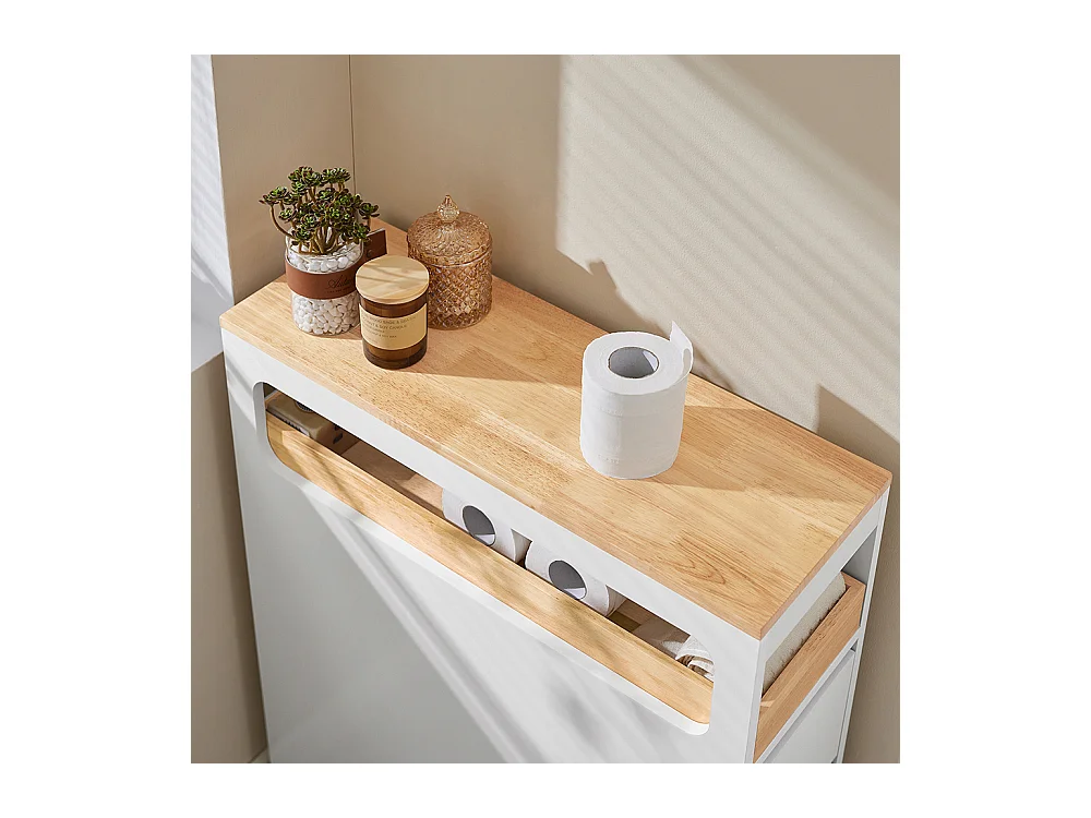 SoBuy BZR54-W Toiletrolhouder, Toiletkast, Badkamerkast, Smalle Opbergkast, Rek Smal met 1 Uitneembare Dienblad, 3 Lades en 4 wielen