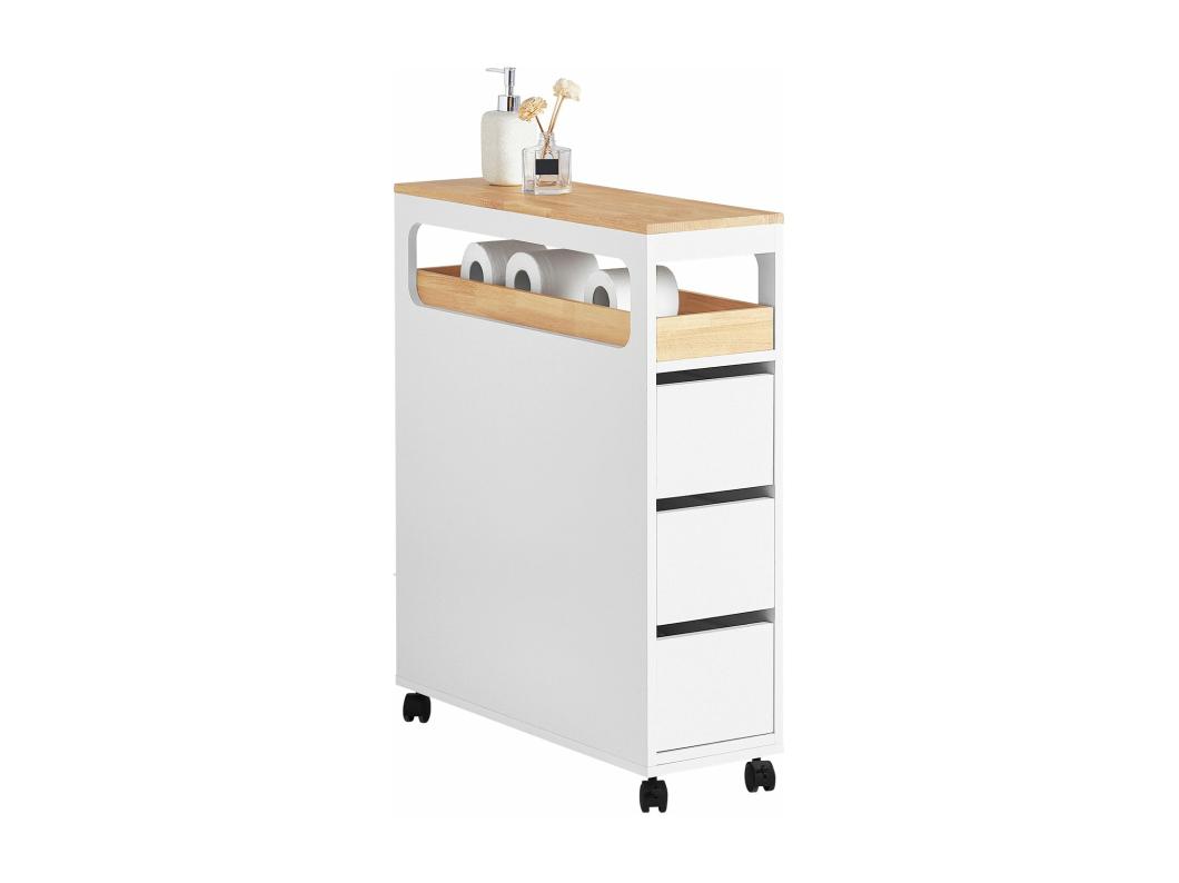 SoBuy BZR54-W Toiletrolhouder, Toiletkast, Badkamerkast, Smalle Opbergkast, Rek Smal met 1 Uitneembare Dienblad, 3 Lades en 4 wielen