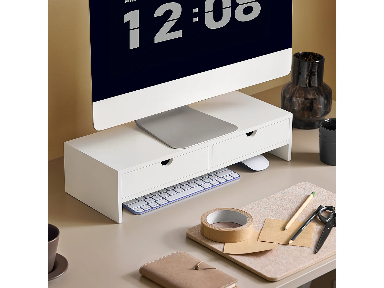 SoBuy BBF02-W Monitorstandaard Computerstandaard Bureau-organizer met 2 Laden