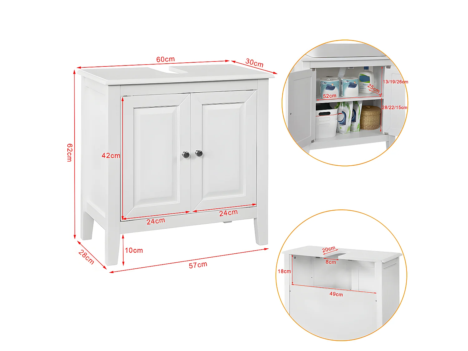 Armario para el Debajo del Lavado,2 Puertas,Blanco,L 60 x P 30 x H 62 cm FRG202-W SoBuy ES