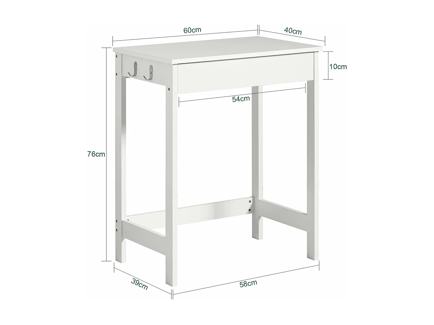 Table Bureau informatique Secrétaire avec 1 tiroir et 2 crochets Bureau d'ordinateur Blanc, FWT43-W